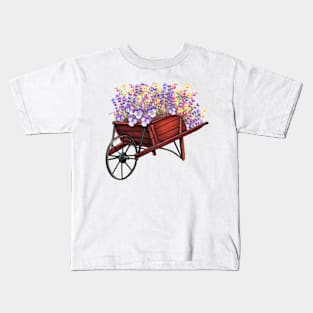 BEAUTIFUL BUNCHES OF VIOLET AND YELLOW SPRING FLOWERS IN WHEELBARROW Kids T-Shirt